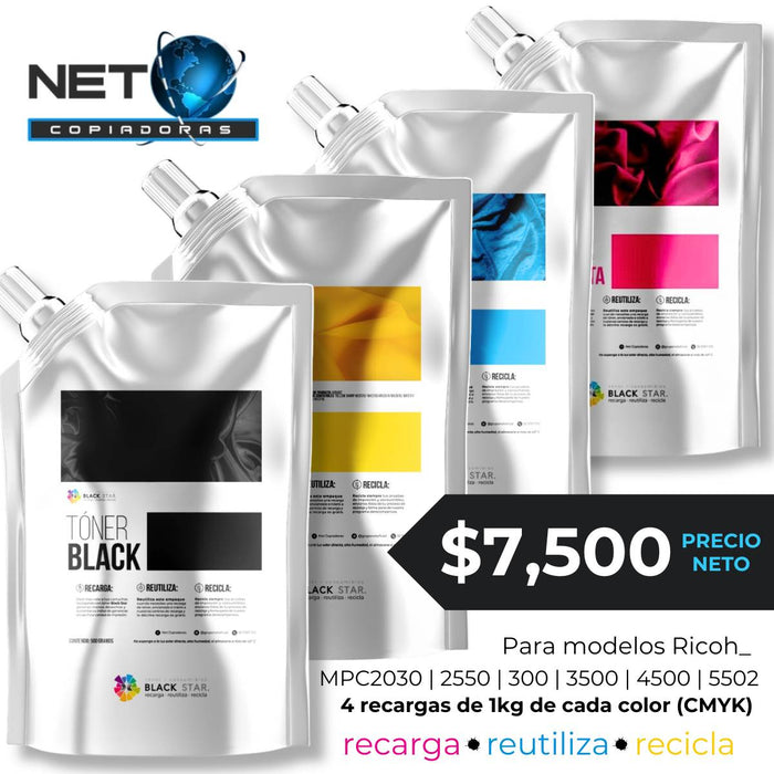 Toner BlackStar Recarga para Ricoh Color MPC2030 | 2550 | 300 | 3500 | 4500 | 5502 KIT de 4 Kg