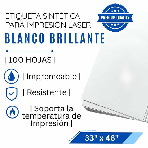 PAPEL SINTÉTICO AUTOADHERIBLE BLANCO BRILLANTE | 100 pzas | 33" x 48" | - Net Copiadoras
